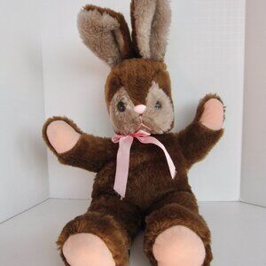 Vintage 80s Elka Plush Brown Bunny Rabbit w Pink Nose 20” Stuffed Animal EASTER